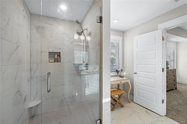 352 Davis St, Monroe, GA 30655 - bathroom featuring marble finish floor, baseboards, and a marble finish shower