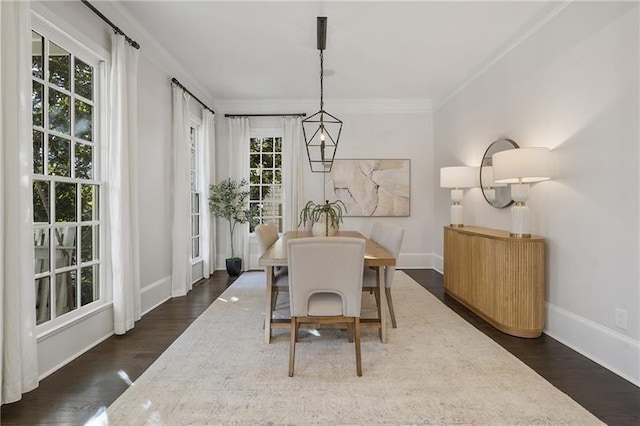 dining room with ornamental molding, plenty of natural light, and dark wood-type flooring