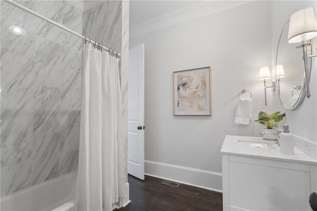 bathroom featuring crown molding, shower / tub combo with curtain, vanity, and wood-type flooring