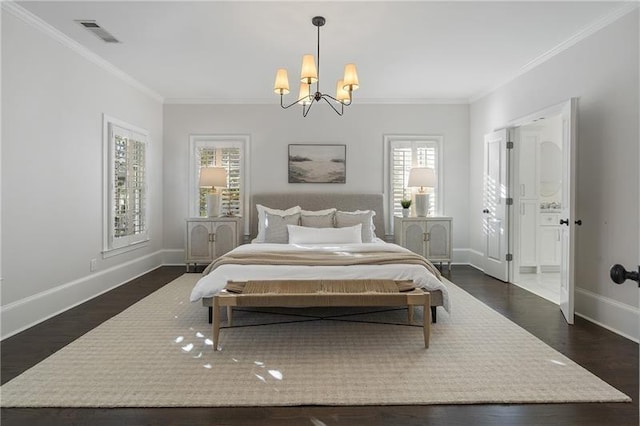 bedroom featuring dark wood-type flooring, crown molding, an inviting chandelier, and multiple windows