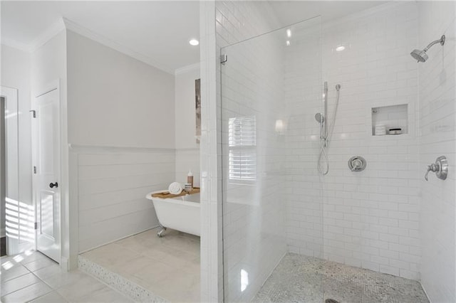 bathroom featuring crown molding, shower with separate bathtub, and tile patterned floors