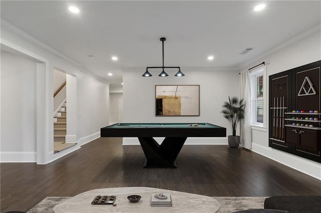 game room with crown molding, dark wood-type flooring, and billiards