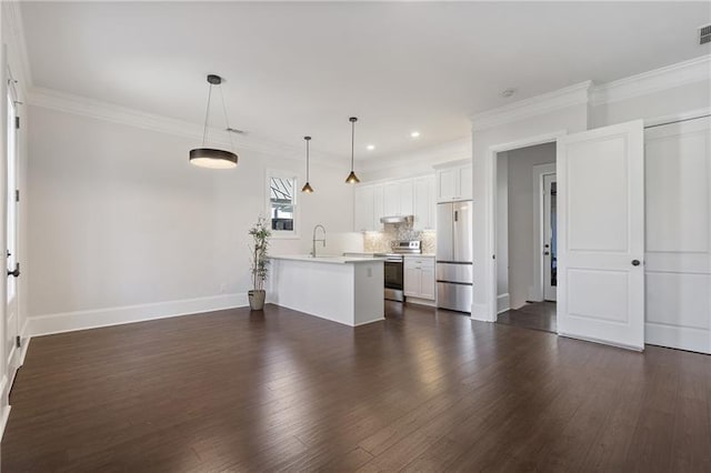 unfurnished living room featuring ornamental molding, sink, and dark hardwood / wood-style flooring