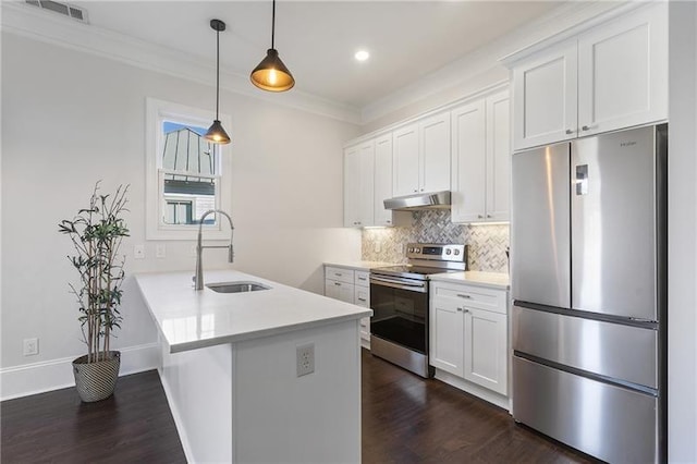 kitchen with white cabinetry, sink, kitchen peninsula, and appliances with stainless steel finishes