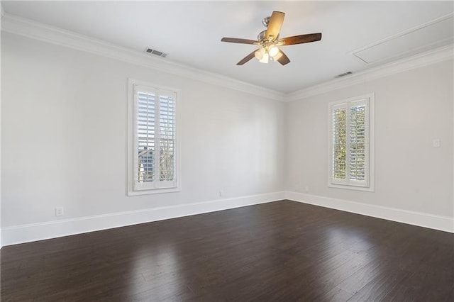 unfurnished room featuring dark hardwood / wood-style flooring, crown molding, and ceiling fan