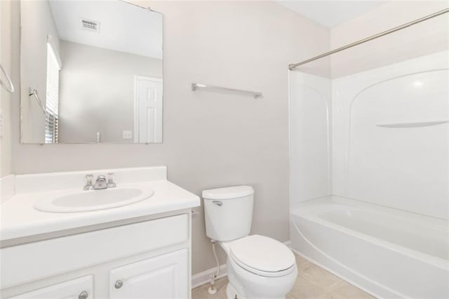 full bath with visible vents, baseboards, shower / washtub combination, toilet, and vanity