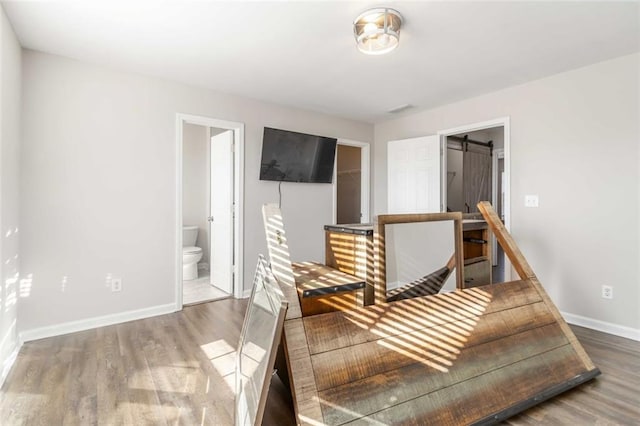 interior space featuring baseboards, ensuite bath, wood finished floors, and a spacious closet