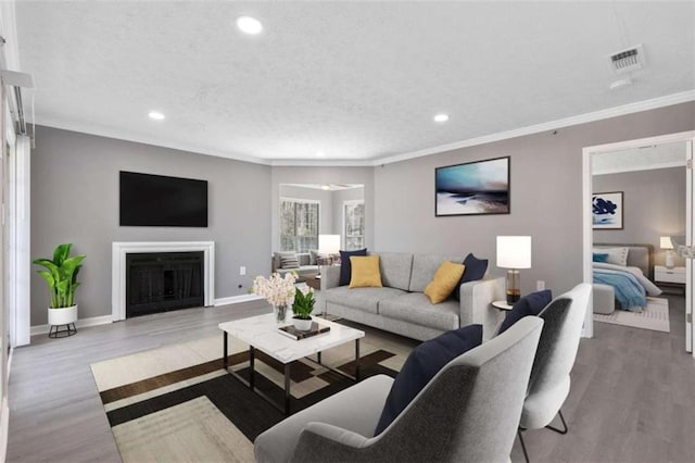 504 Mill Pond Ct, Smyrna, GA 30082 - living room featuring recessed lighting, wood finished floors, crown molding, a fireplace, and a textured ceiling