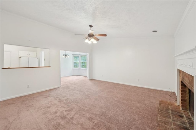 742 Redland Dr, Jonesboro, GA 30238 - unfurnished living room with a brick fireplace, ceiling fan, carpet floors, ornamental molding, and a chandelier