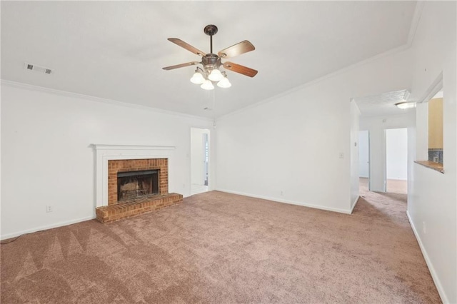 742 Redland Dr, Jonesboro, GA 30238 - unfurnished living room with carpet flooring, ceiling fan, a brick fireplace, crown molding, and baseboards
