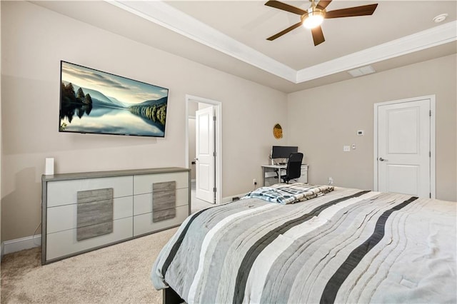 bedroom featuring crown molding, a raised ceiling, carpet, a ceiling fan, and visible vents