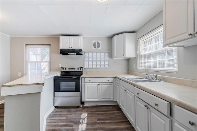 kitchen featuring a peninsula, electric range, a sink, white cabinetry, and ventilation hood