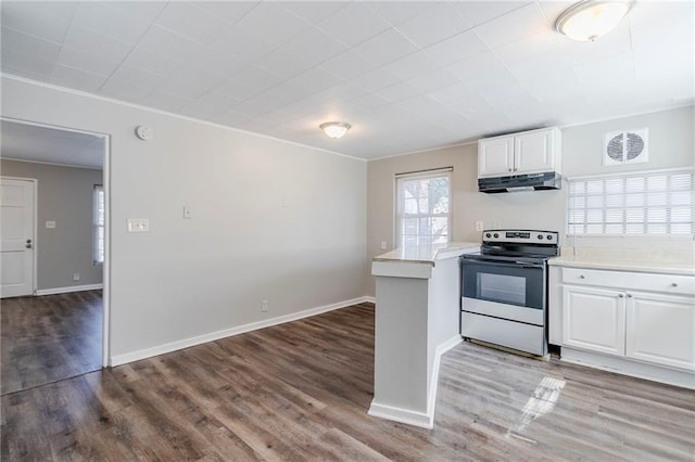 kitchen with under cabinet range hood, light countertops, white cabinetry, and stainless steel range with electric cooktop