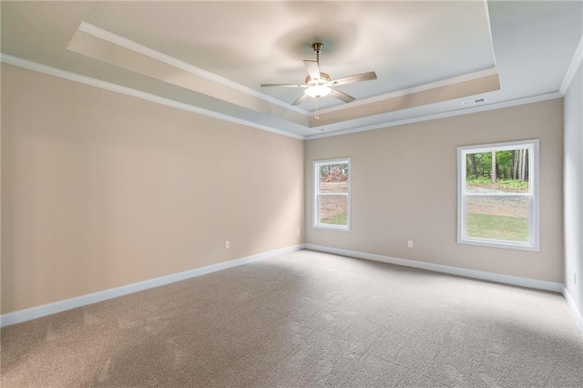 carpeted empty room featuring a raised ceiling, ceiling fan, and crown molding