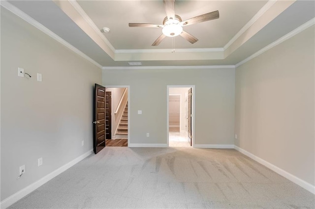 spare room with light colored carpet, a raised ceiling, and crown molding