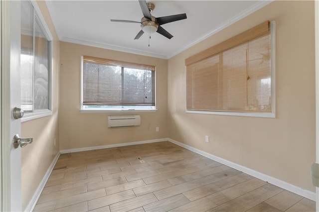 empty room with light hardwood / wood-style flooring, an AC wall unit, and ornamental molding