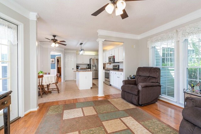 living room featuring ceiling fan, sink, decorative columns, crown molding, and light hardwood / wood-style floors