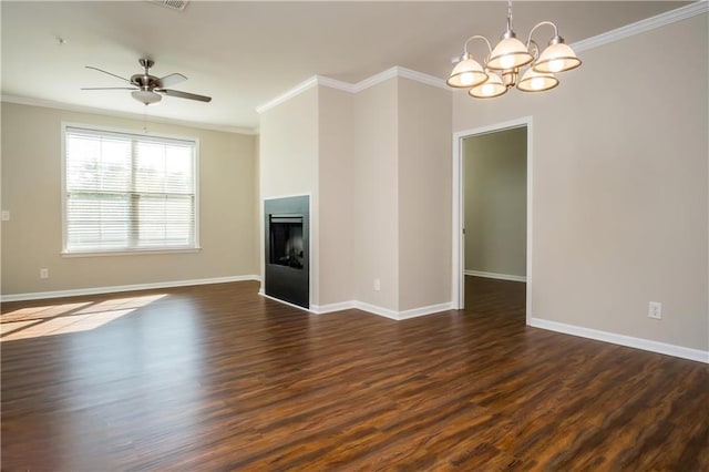 unfurnished living room featuring crown molding, dark wood-type flooring, and ceiling fan with notable chandelier