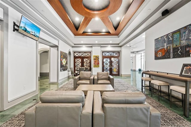795 Hammond Dr Unit 505, Atlanta, GA 30328 - building lobby with a towering ceiling, recessed lighting, and ornamental molding