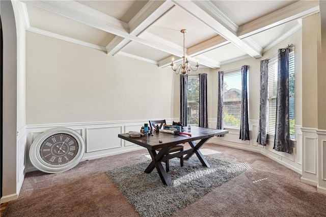 1417 Sterlingbrooke Dr, Powder Springs, GA 30127 - office area featuring carpet floors, coffered ceiling, beamed ceiling, a chandelier, and a decorative wall