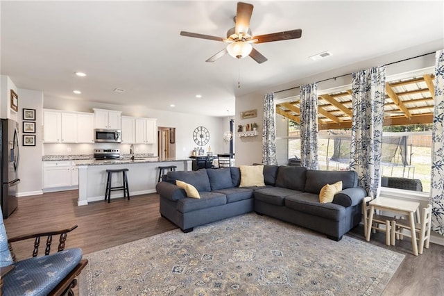 living room with ceiling fan, sink, a healthy amount of sunlight, and dark hardwood / wood-style floors