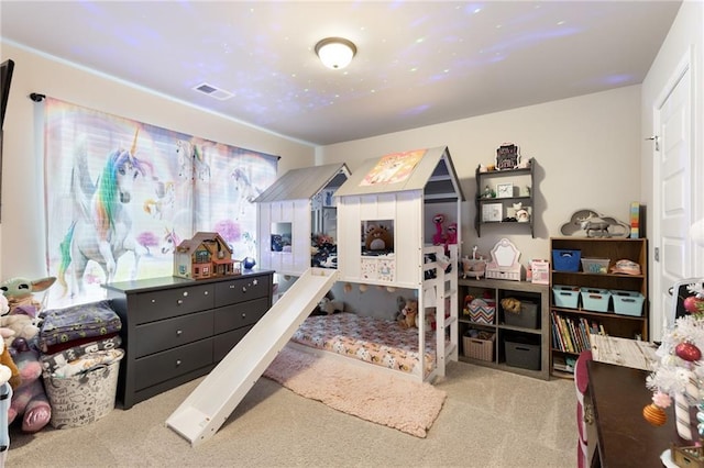 bedroom with light colored carpet