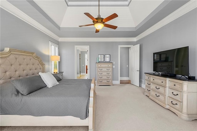 4080 Glen Hill Way NE, Marietta, GA 30066 - bedroom featuring a tray ceiling, light colored carpet, ornamental molding, and a ceiling fan
