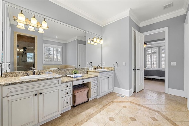 4080 Glen Hill Way NE, Marietta, GA 30066 - bathroom with baseboards, a tile shower, crown molding, a chandelier, and vanity