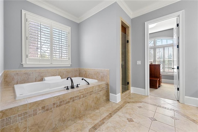 4080 Glen Hill Way NE, Marietta, GA 30066 - bathroom with a garden tub, a shower stall, baseboards, ornamental molding, and tile patterned floors