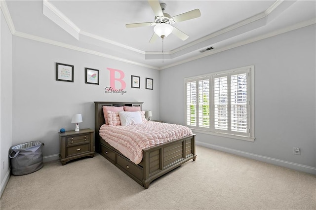 4080 Glen Hill Way NE, Marietta, GA 30066 - bedroom with a raised ceiling, light colored carpet, crown molding, baseboards, and a ceiling fan