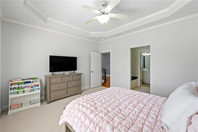 4080 Glen Hill Way NE, Marietta, GA 30066 - carpeted bedroom featuring a tray ceiling, ornamental molding, baseboards, ceiling fan, and ensuite bath