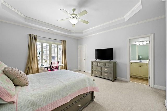 4080 Glen Hill Way NE, Marietta, GA 30066 - bedroom featuring a tray ceiling, crown molding, light colored carpet, baseboards, and ensuite bathroom