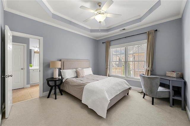 4080 Glen Hill Way NE, Marietta, GA 30066 - bedroom featuring a raised ceiling, light colored carpet, ornamental molding, baseboards, and a ceiling fan