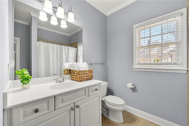 4080 Glen Hill Way NE, Marietta, GA 30066 - bathroom featuring baseboards, vanity, toilet, ornamental molding, and tile patterned floors