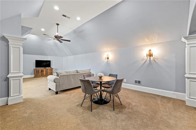 4080 Glen Hill Way NE, Marietta, GA 30066 - dining space featuring light colored carpet, vaulted ceiling, ceiling fan, ornate columns, and baseboards