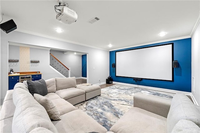 4080 Glen Hill Way NE, Marietta, GA 30066 - cinema room featuring crown molding, baseboards, recessed lighting, and beverage cooler