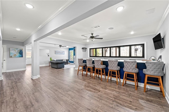 4080 Glen Hill Way NE, Marietta, GA 30066 - dining area featuring ceiling fan, wood finished floors, recessed lighting, baseboards, and ornamental molding