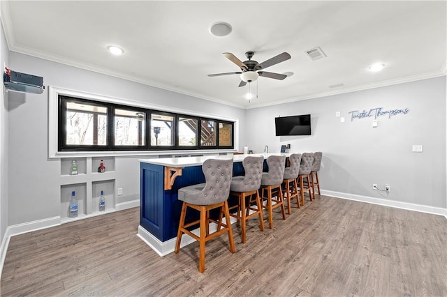 4080 Glen Hill Way NE, Marietta, GA 30066 - indoor dry bar with wood finished floors, ceiling fan, baseboards, crown molding, and recessed lighting