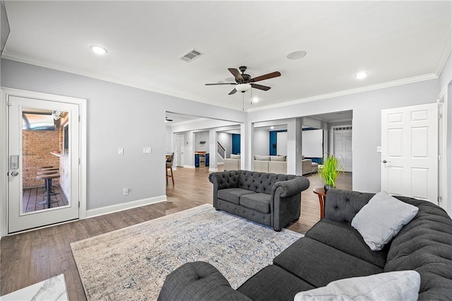 4080 Glen Hill Way NE, Marietta, GA 30066 - living room with a ceiling fan, wood finished floors, baseboards, crown molding, and recessed lighting
