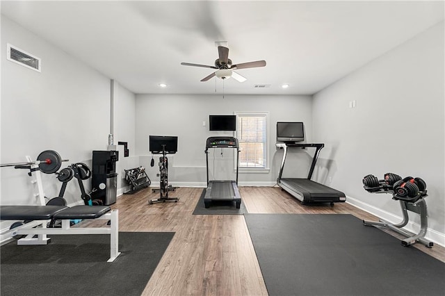 4080 Glen Hill Way NE, Marietta, GA 30066 - exercise area featuring a ceiling fan, wood finished floors, baseboards, and recessed lighting