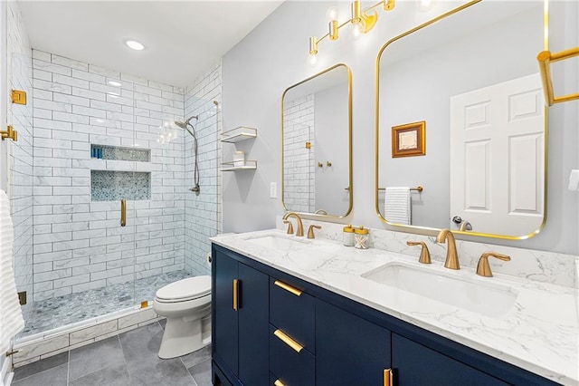 4080 Glen Hill Way NE, Marietta, GA 30066 - bathroom featuring a shower stall, toilet, double vanity, and tile patterned flooring