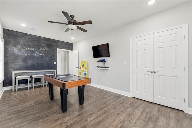 4080 Glen Hill Way NE, Marietta, GA 30066 - game room featuring a ceiling fan, recessed lighting, wood finished floors, baseboards, and an accent wall