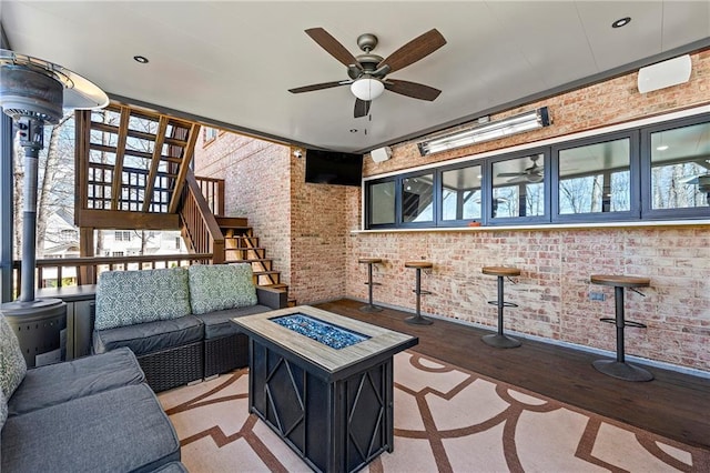 4080 Glen Hill Way NE, Marietta, GA 30066 - view of patio / terrace featuring stairs, an outdoor living space with a fire pit, and a ceiling fan