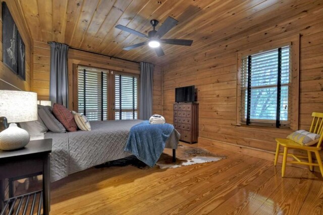 bedroom featuring wooden walls, wood ceiling, and wood finished floors