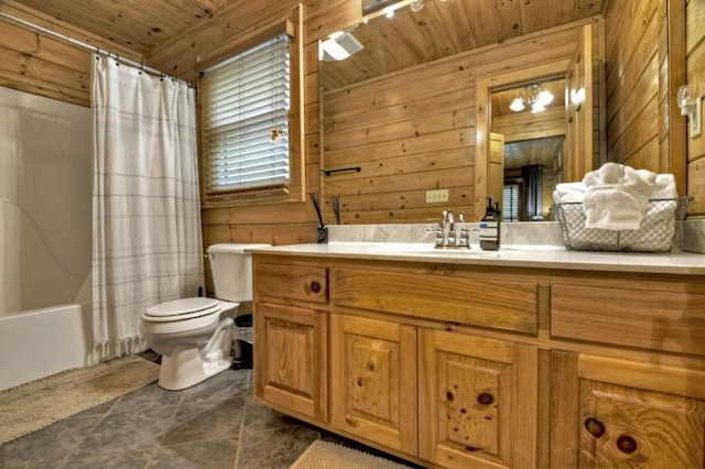 bathroom featuring wooden ceiling, wooden walls, and toilet
