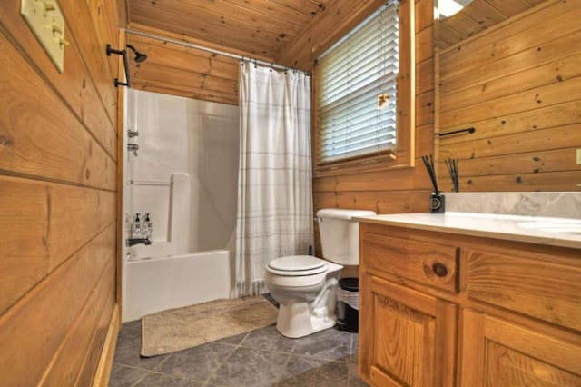 full bathroom with toilet, shower / tub combo, tile patterned flooring, wooden ceiling, and vanity