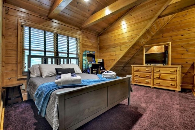 bedroom featuring wooden ceiling, wooden walls, carpet, and lofted ceiling with beams