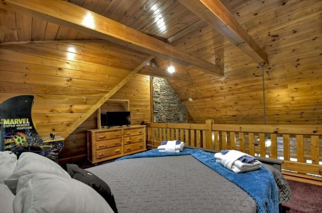 carpeted bedroom with wood ceiling and lofted ceiling with beams