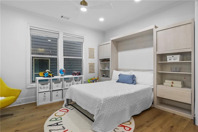 2013 White Cypress Ct, Smyrna, GA 30082 - bedroom with wood-type flooring, recessed lighting, crown molding, a ceiling fan, and baseboards