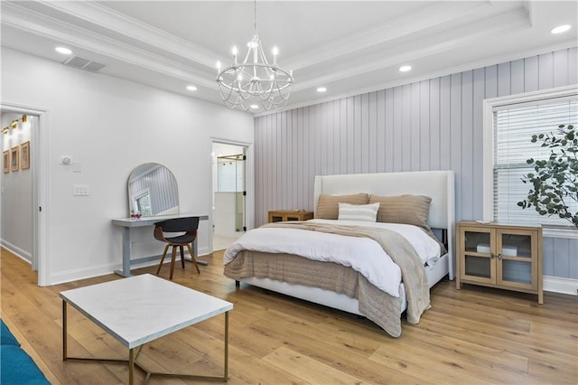 2013 White Cypress Ct, Smyrna, GA 30082 - bedroom with ornamental molding, a tray ceiling, light wood finished floors, a chandelier, and recessed lighting